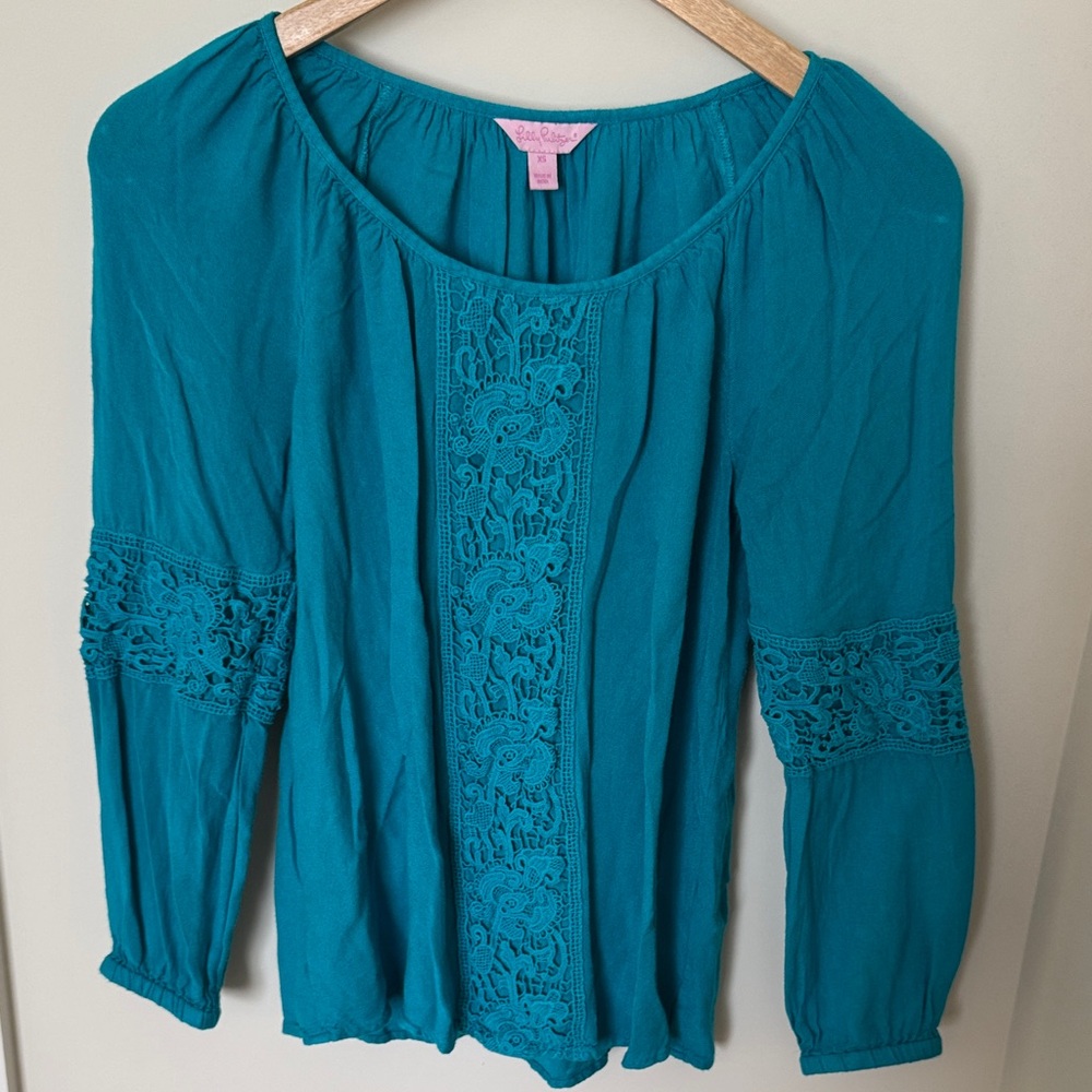Lilly Pulitzer Teal Blouse with Lace Accents